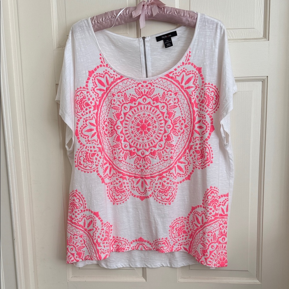 Style & Co. White and Pink Mandala Blouse